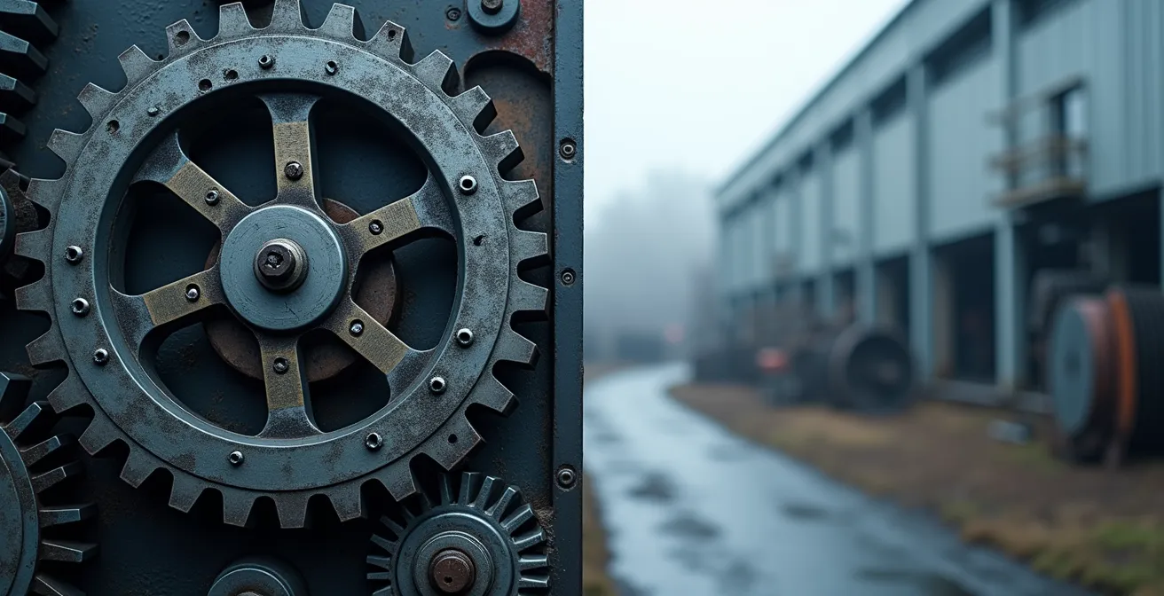 Abstrakte visuelle Darstellung verschiedener Industriesektoren: links mechanische Muster für den Maschinenbau, rechts digitale Schaltkreismuster für E-Commerce.