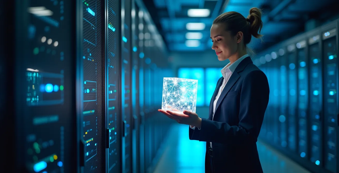 Ein Business-Profi in einem Rechenzentrum, der Datenströme aus verschiedenen Servern in einem Würfel bündelt, was die Datenintegration durch eine CDP symbolisiert.