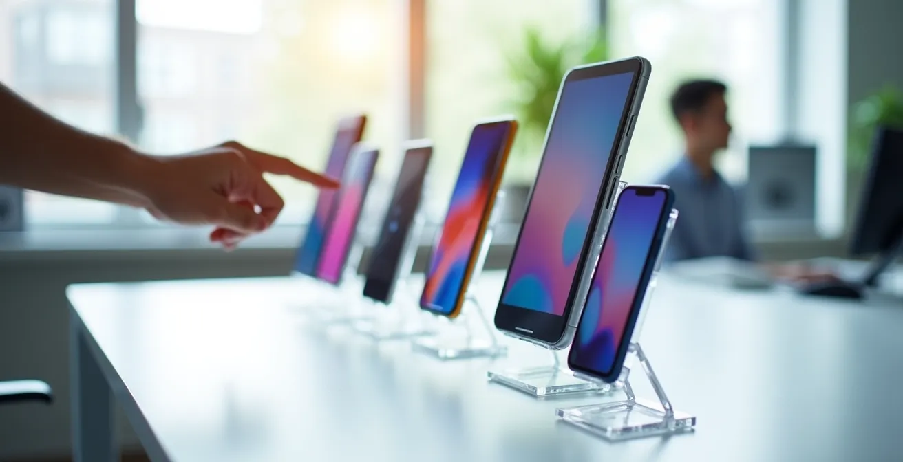 Organisiertes Device-Lab mit verschiedenen Smartphone-Generationen
