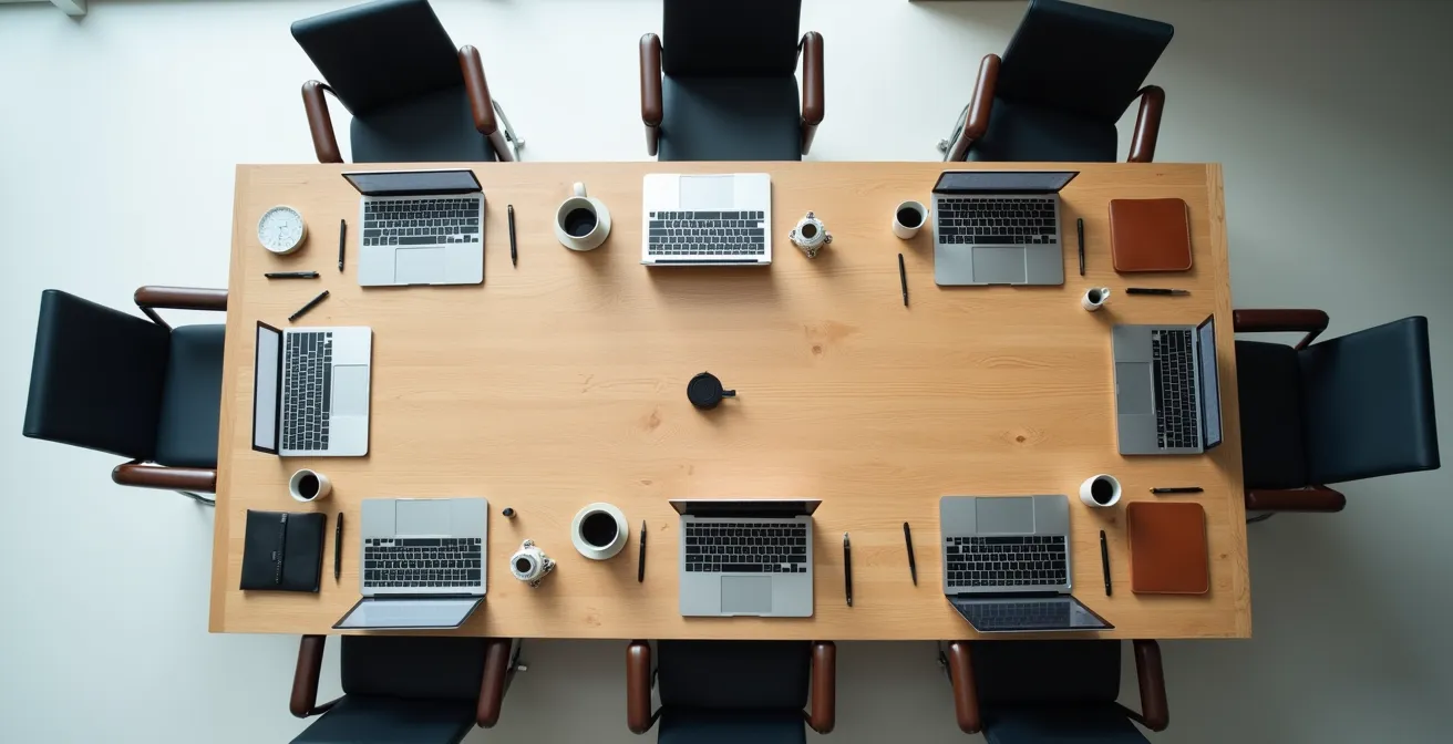 Vogelperspektive auf deutschen Konferenztisch mit vernetzten Laptops