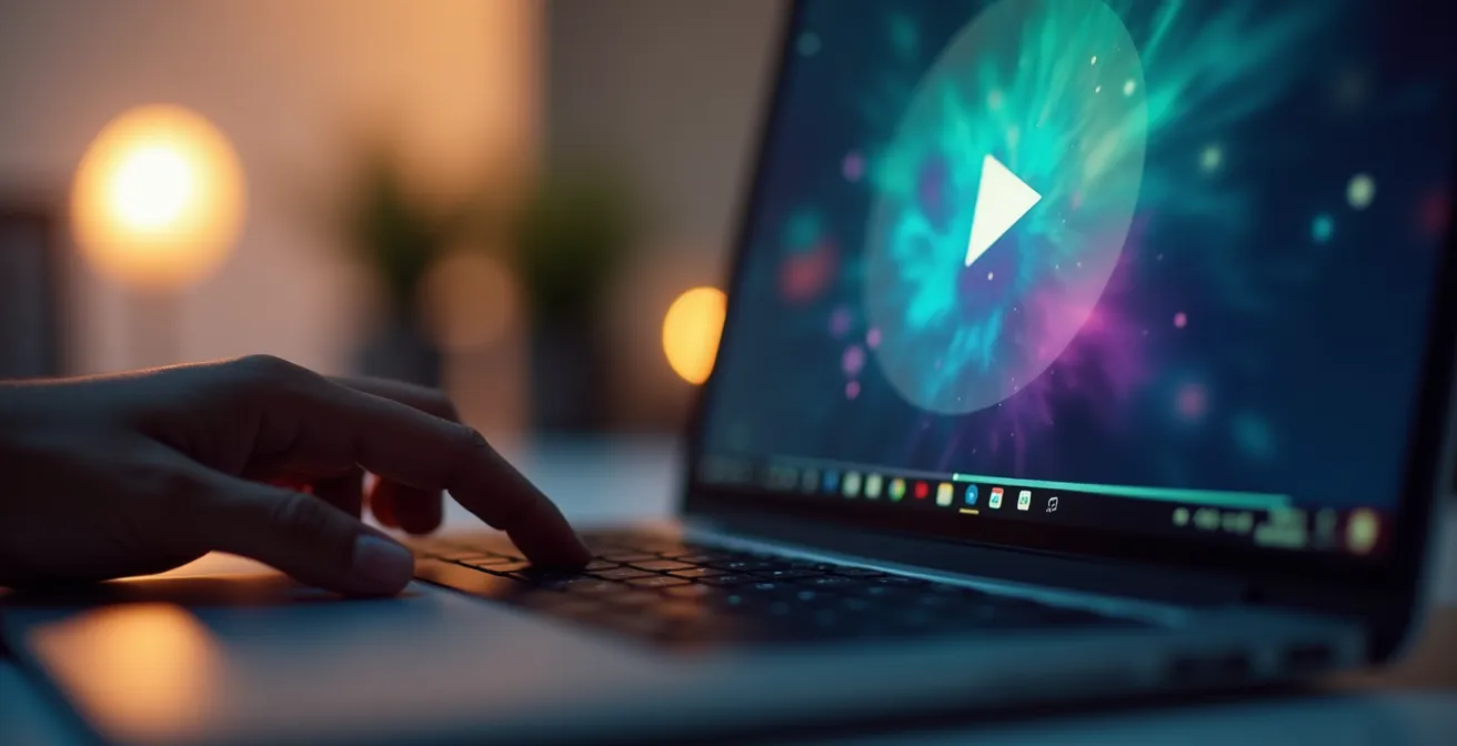 Laptop zeigt abstraktes Video-Vorschaubild mit Play-Button auf einer Landingpage