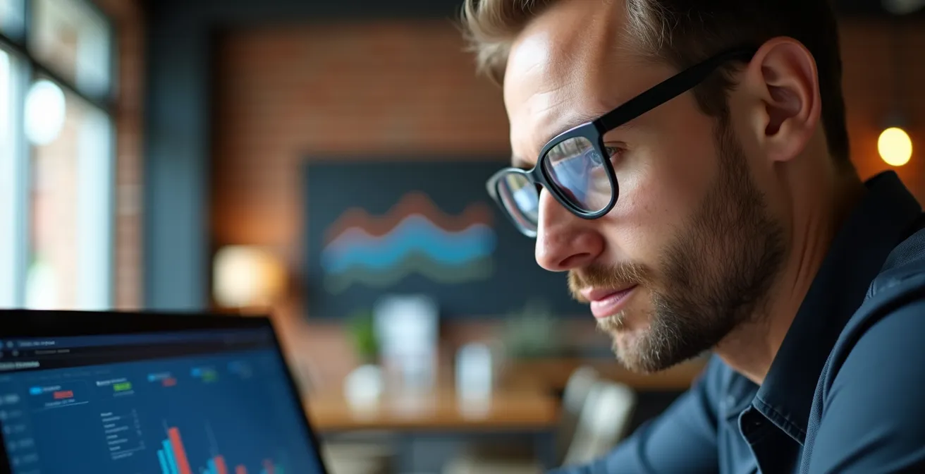 Marketingexperte analysiert Conversion-Daten auf Laptop in deutschem Startup-Büro