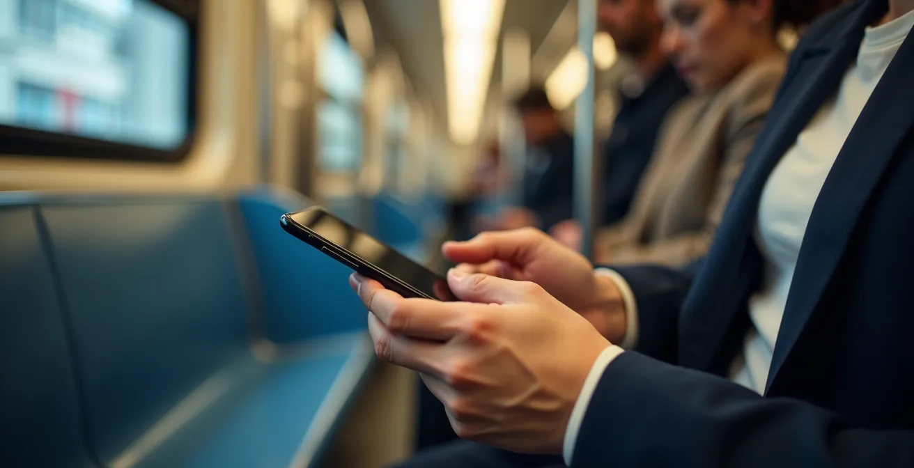 Person füllt Formular auf Smartphone in bewegter U-Bahn aus