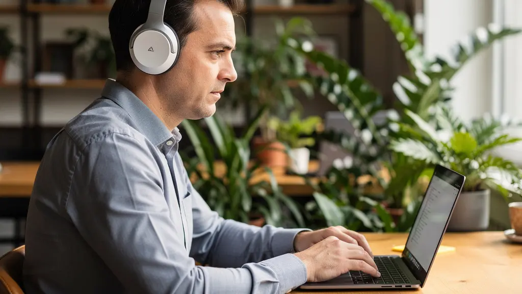Marketing-Fachkraft mit Kopfhörern arbeitet konzentriert am Laptop im Coworking-Space