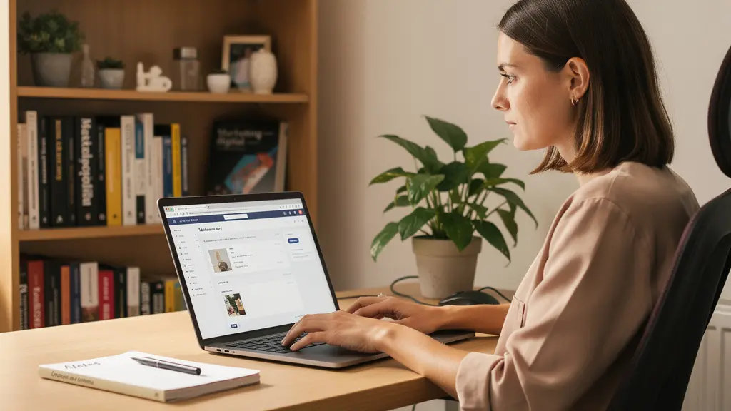 Content-Erstellerin korrigiert KI-Untertitel konzentriert am Laptop