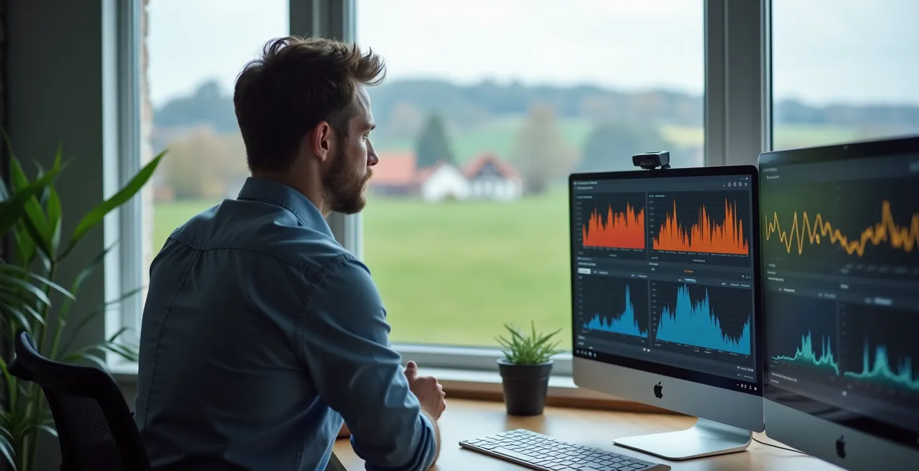 Entwickler betrachtet Performance-Dashboards in deutschem Büro mit Blick auf ländliche Landschaft