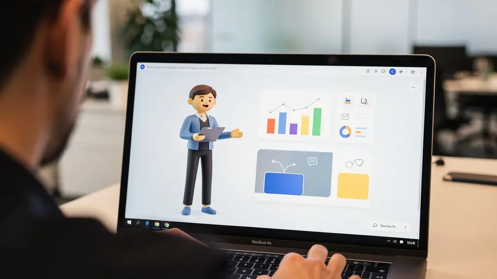Laptop zeigt KI-Avatar in Video-Präsentation mit unscharfem Büro-Hintergrund