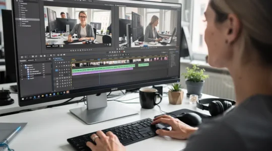 Marketing-Fachkraft betrachtet Video-Timeline auf Bildschirm in modernem Büro