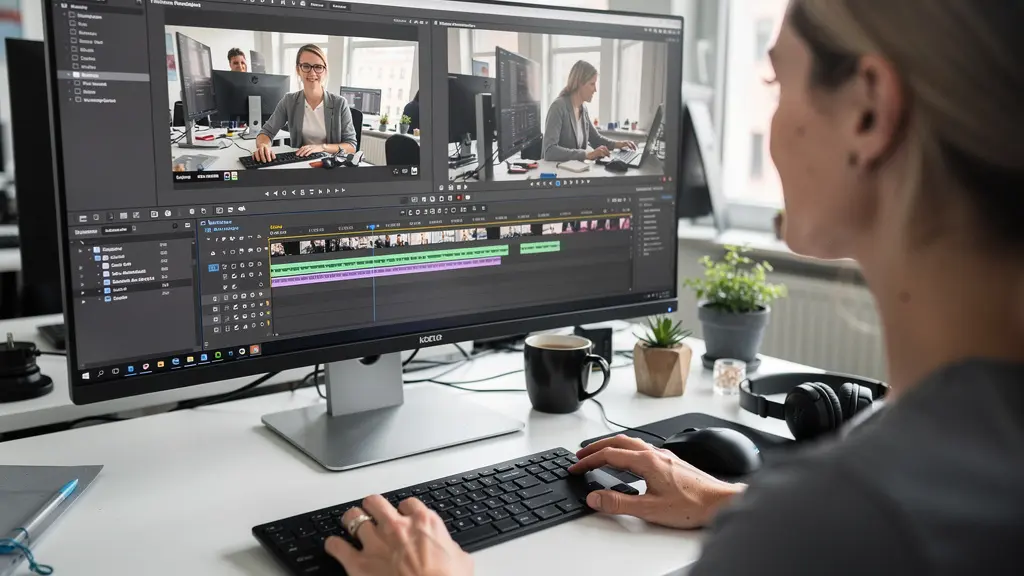 Marketing-Fachkraft betrachtet Video-Timeline auf Bildschirm in modernem Büro