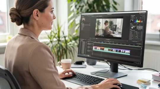 Marketing-Fachkraft arbeitet an KI-Untertitel-Projekt am Bildschirm