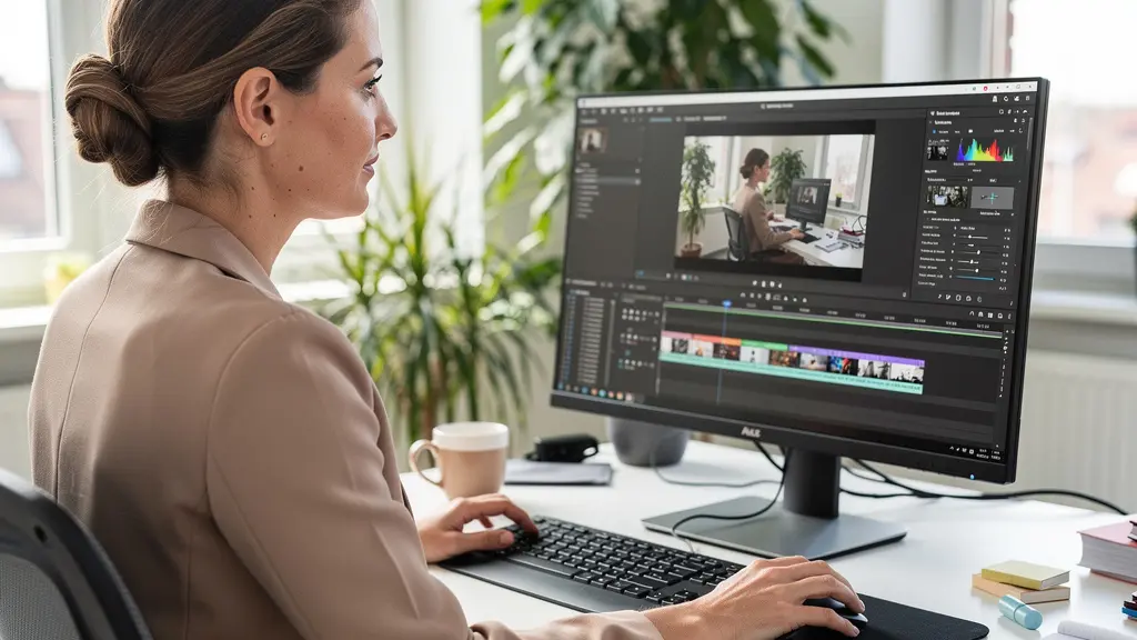 Marketing-Fachkraft arbeitet an KI-Untertitel-Projekt am Bildschirm