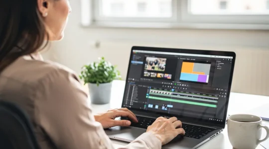 Marketing-Fachkraft arbeitet an Enterprise-Videoplattform in deutschem Büro