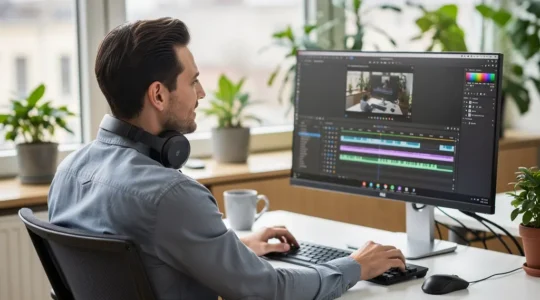 Marketing-Fachperson mit KI-Voice-Over-Software am modernen Arbeitsplatz