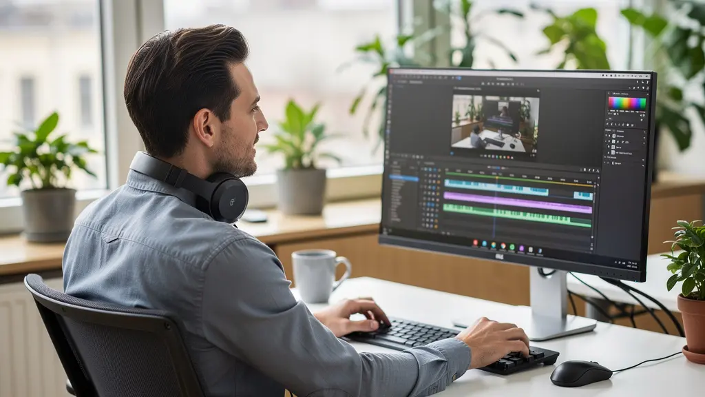 Marketing-Fachperson mit KI-Voice-Over-Software am modernen Arbeitsplatz