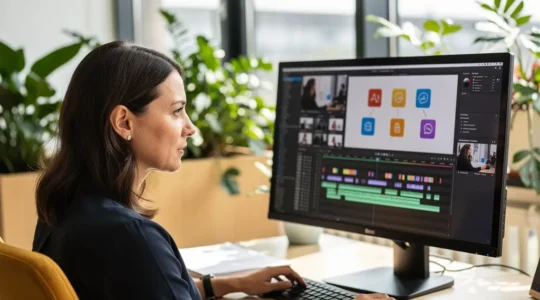 Marketing-Expertin analysiert KI-Avatar-Video am Bildschirm im modernen Büro