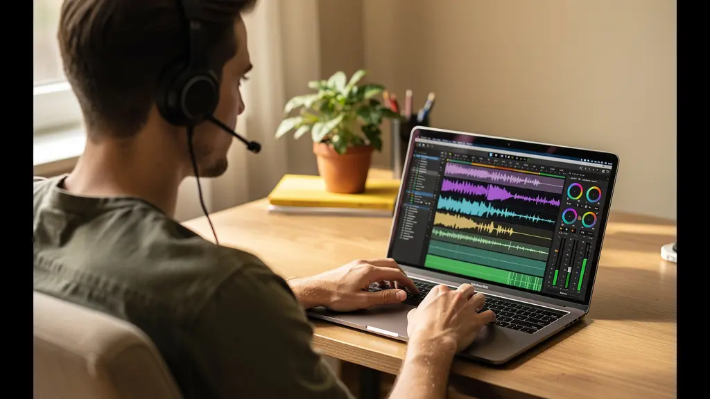 Person arbeitet an KI-Voice-Over-Projekt am Laptop im Homeoffice