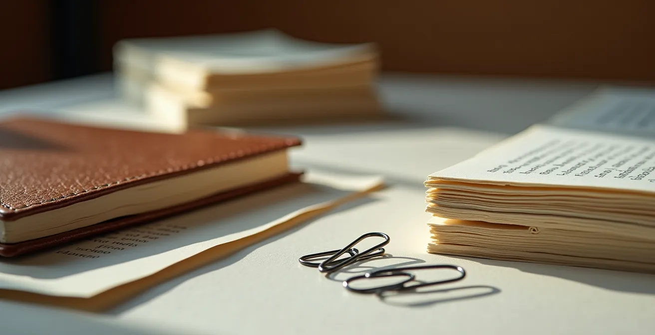 Systematische Quellenrecherche und Dokumentation für digitale Glaubwürdigkeit, symbolisiert durch texturierte Papiere und Recherchematerialien.