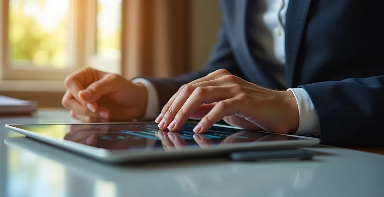 Ein zufriedener Geschäftsmann blickt auf ein Tablet, das ein abstraktes Datenschutz-Dashboard anzeigt und symbolisiert die Kontrolle und das Vertrauen, das ein Self-Service-Portal vermittelt.
