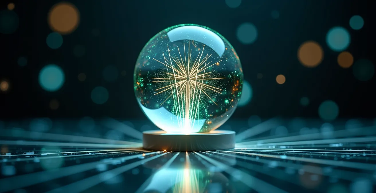 Zentrale Datenarchitektur als Single Source of Truth visualisiert, bei der Lichtstrahlen aus verschiedenen Richtungen in einer zentralen Kugel konvergieren.