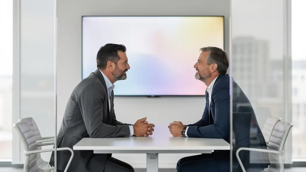 Zwei Marketingfachleute besprechen Video-Strategie vor Wandbildschirm