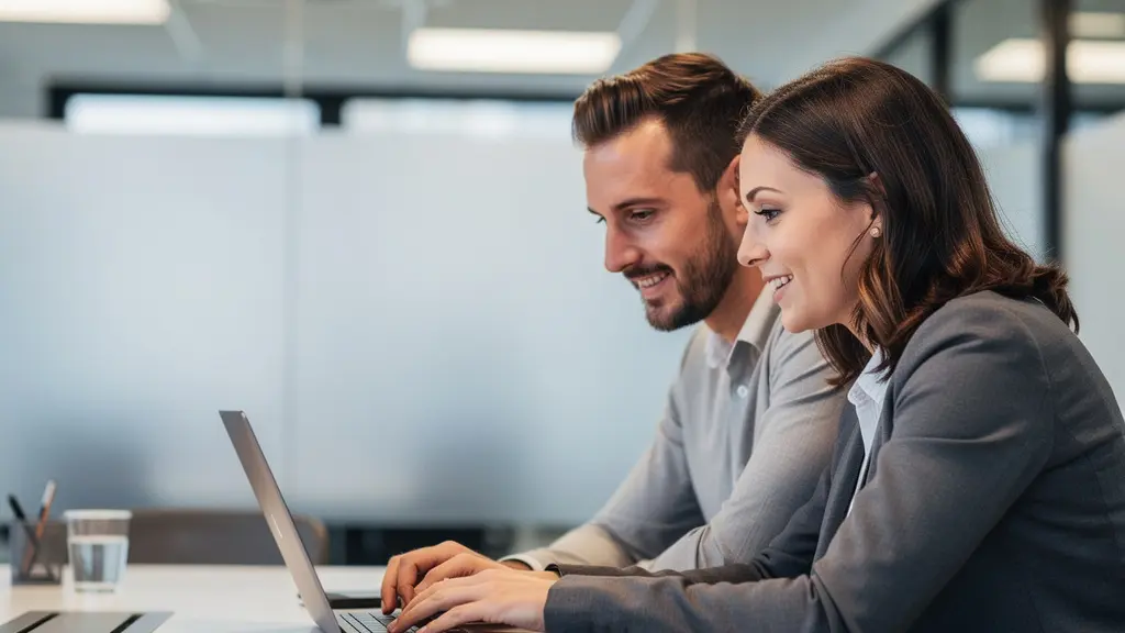 Zwei Kolleginnen prüfen KI-Untertitel gemeinsam am Laptop
