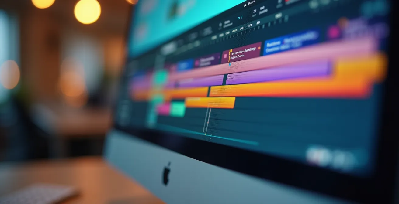 Makroaufnahme eines strukturierten Video-Template-Workflows auf einem Bildschirm