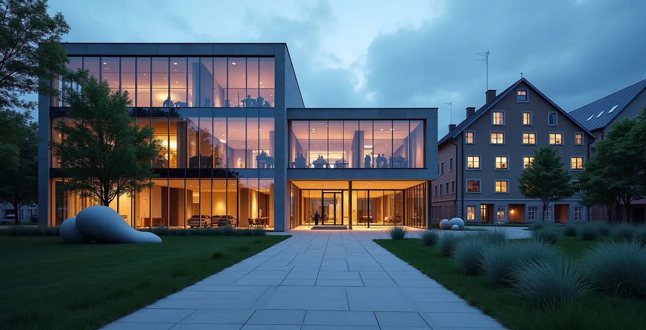 Universitäre Kooperationen und Fachverbands-Partnerschaften für digitale Autorität in Deutschland visualisiert durch moderne und traditionelle Architektur.