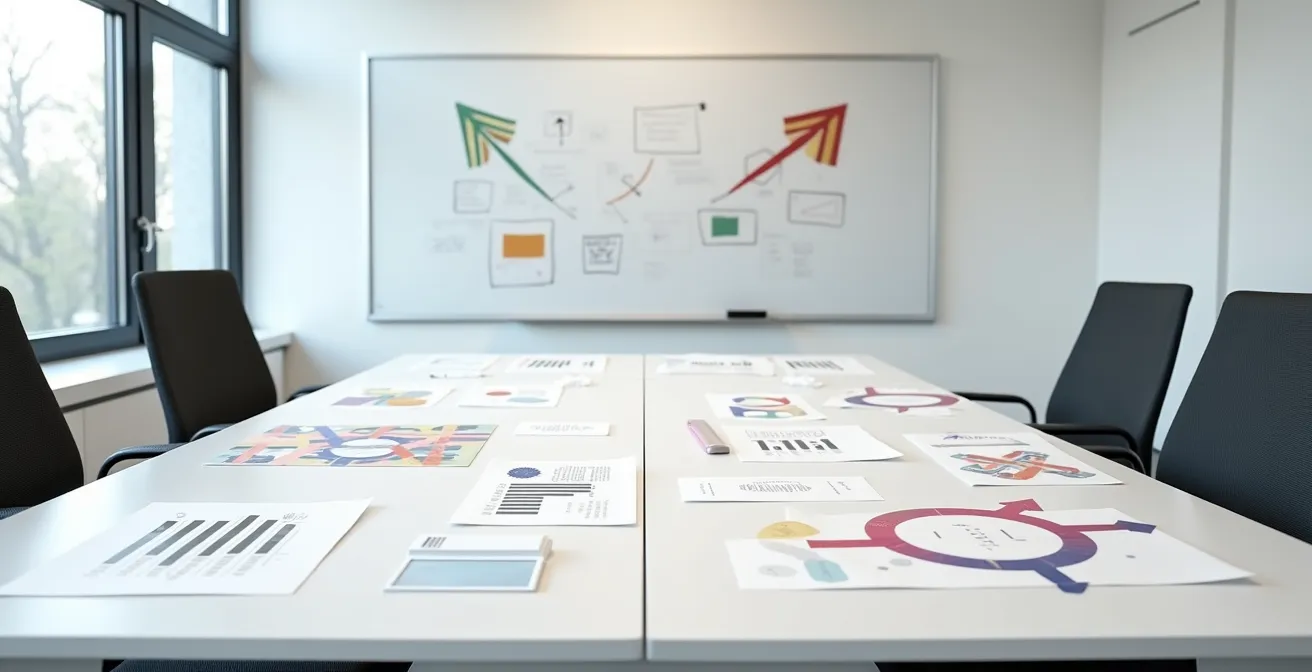 Visuelle Darstellung einer Entscheidungsmatrix mit abstrakten Elementen für Content-Strategie