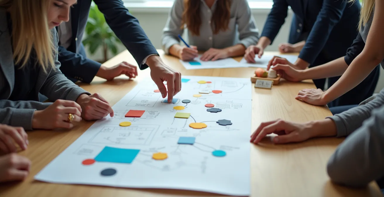 Teams arbeiten gemeinsam an einer grossen Customer Journey Map mit verschiedenen Touchpoints
