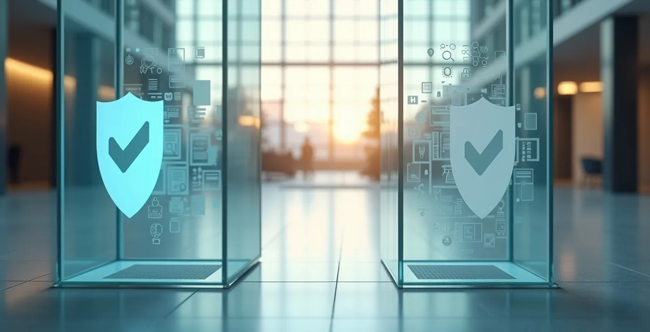 Zwei-Säulen-Modell, das eine verständliche und rechtssichere Datenschutzerklärung visualisiert, mit Symbolen für Sicherheit auf der einen und Textmustern für Rechtstexte auf der anderen Seite.